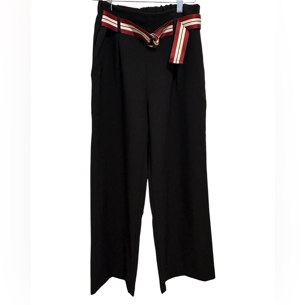 Black Straight-Leg Pants with Striped Waist Sash